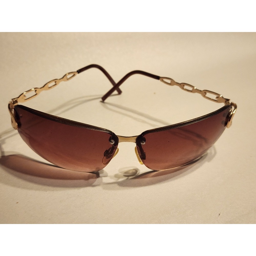 Vintage Y2K Rimless Wraparound Sunglasses Gold Chain Link Temple Brown Gradient